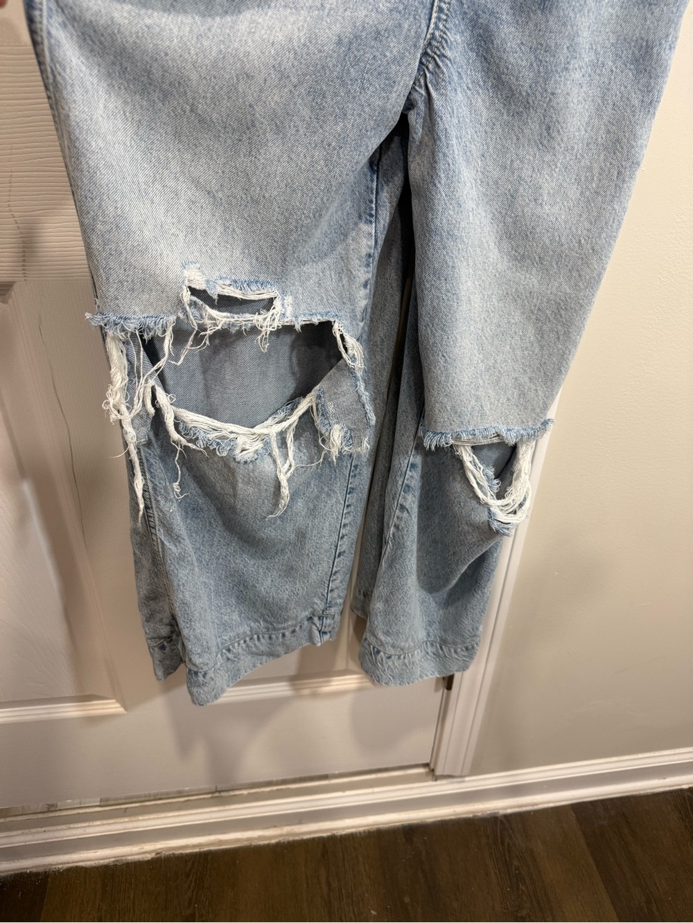 Vintage Y2K Distressed Wide Leg Denim Overalls XS Light Wash Baggy Grunge - Picture 4 of 10